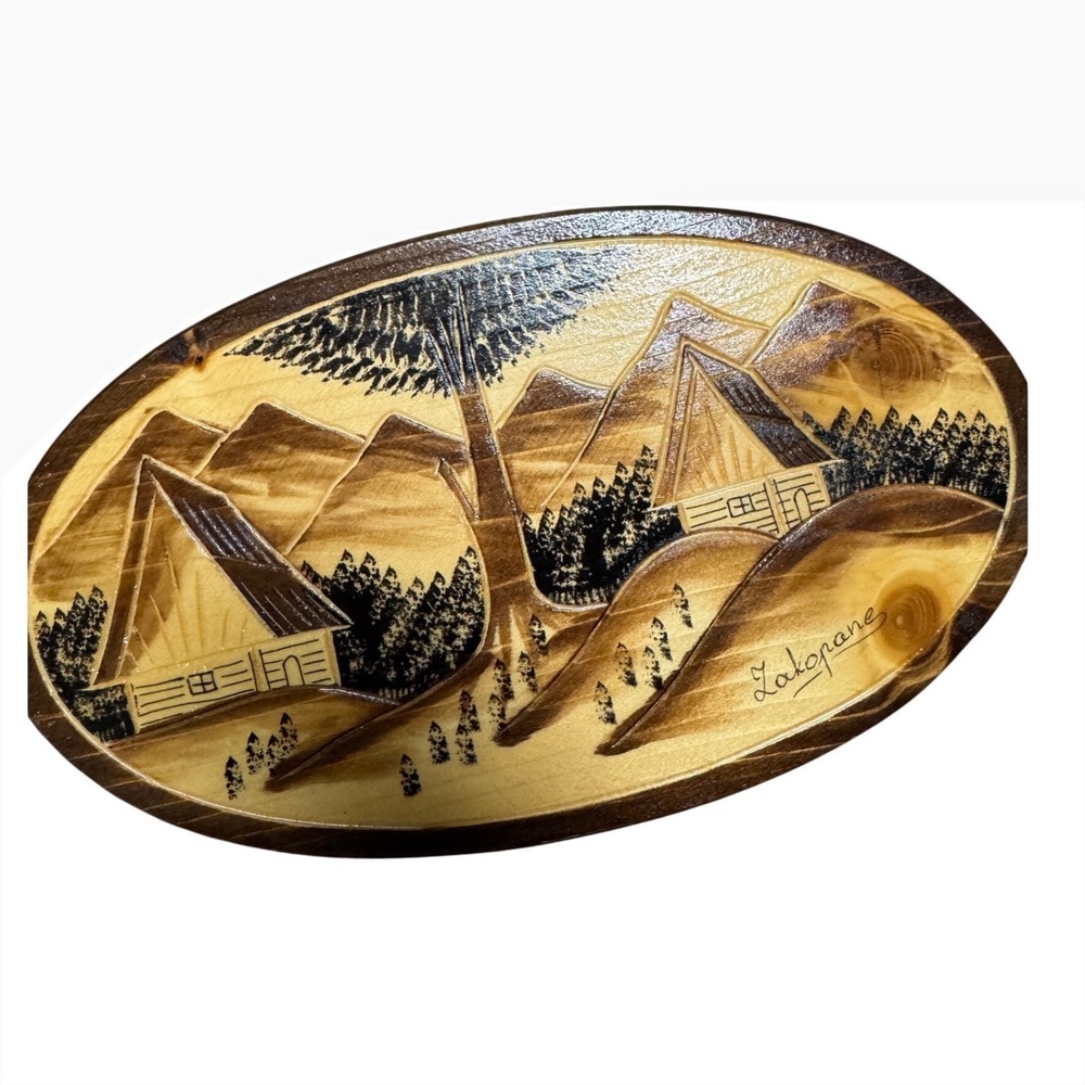 Vintage Zakopane Polish Folk Art Wood Burned Alpine Mountain Wall Plaque Oval